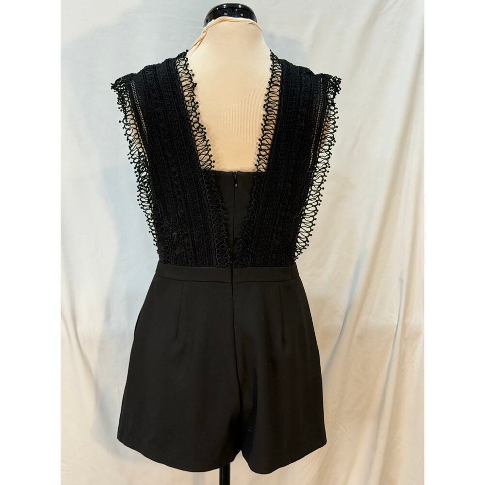 Greylin Black Lace Crochet Bodice Romper Size 8 Deep V Fringe Trim Night Out - Picture 4 of 8